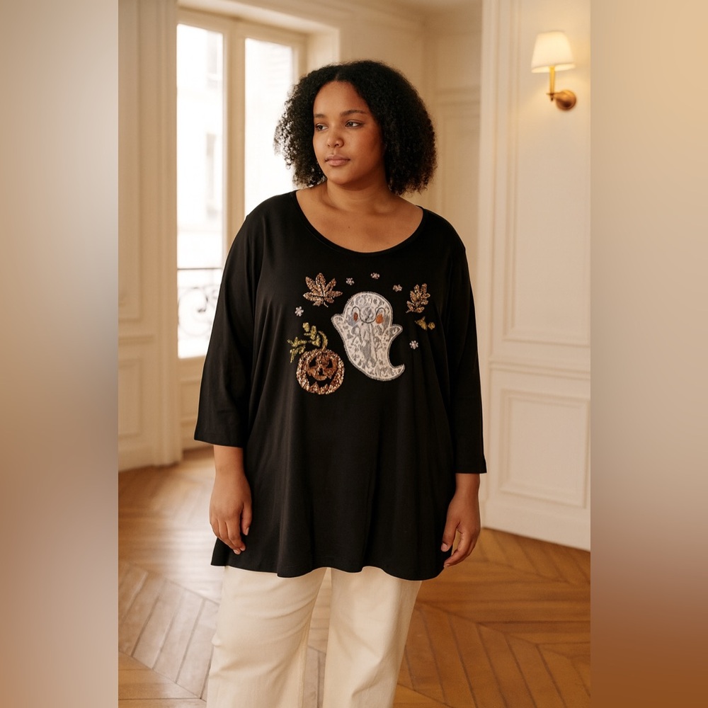 Catherines Plus Size Lace Halloween Ghost Sequin Embellished 3/4 Sleeve Top 3X